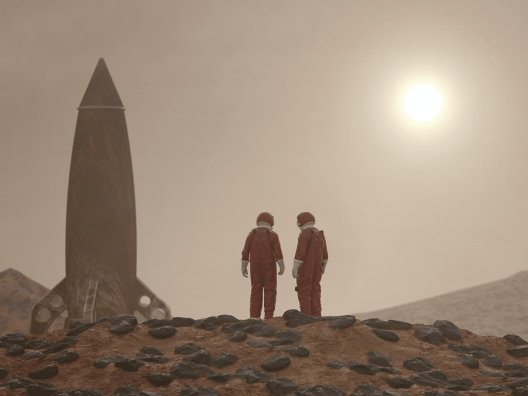Two astronauts in front of a rocket on an alien planet
